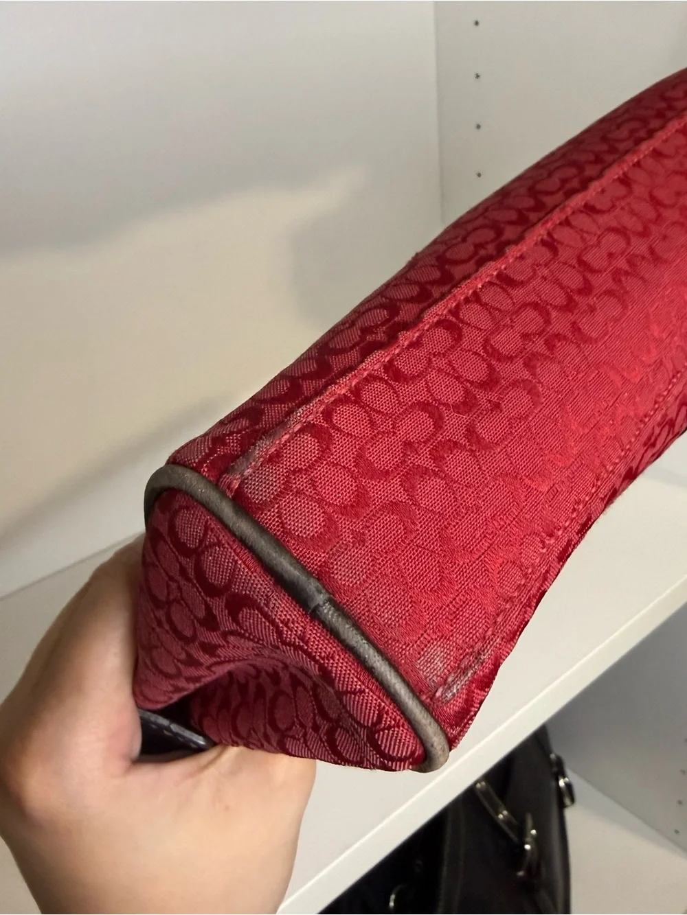 Coach Red Signature Canvas Cosmetic Case with Brown Leather Trim